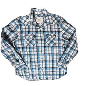American Eagle Blue Plaid Western Pearl Snap Shirt‎ sz XL Vintage Fit NWOT